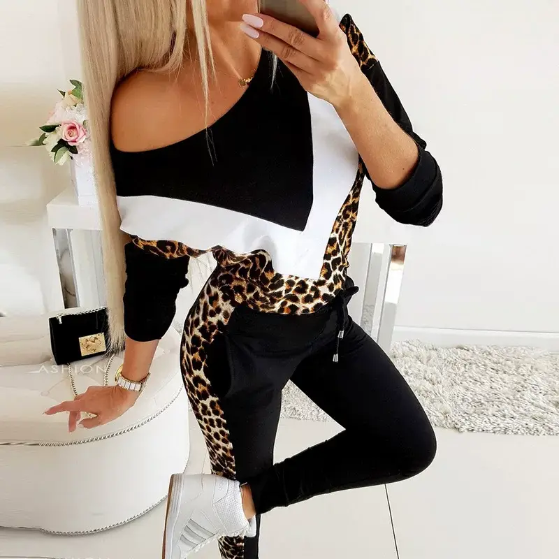 Pink Leopard Print V-Neck Sweatshirt Track Suit for Women — feature 4