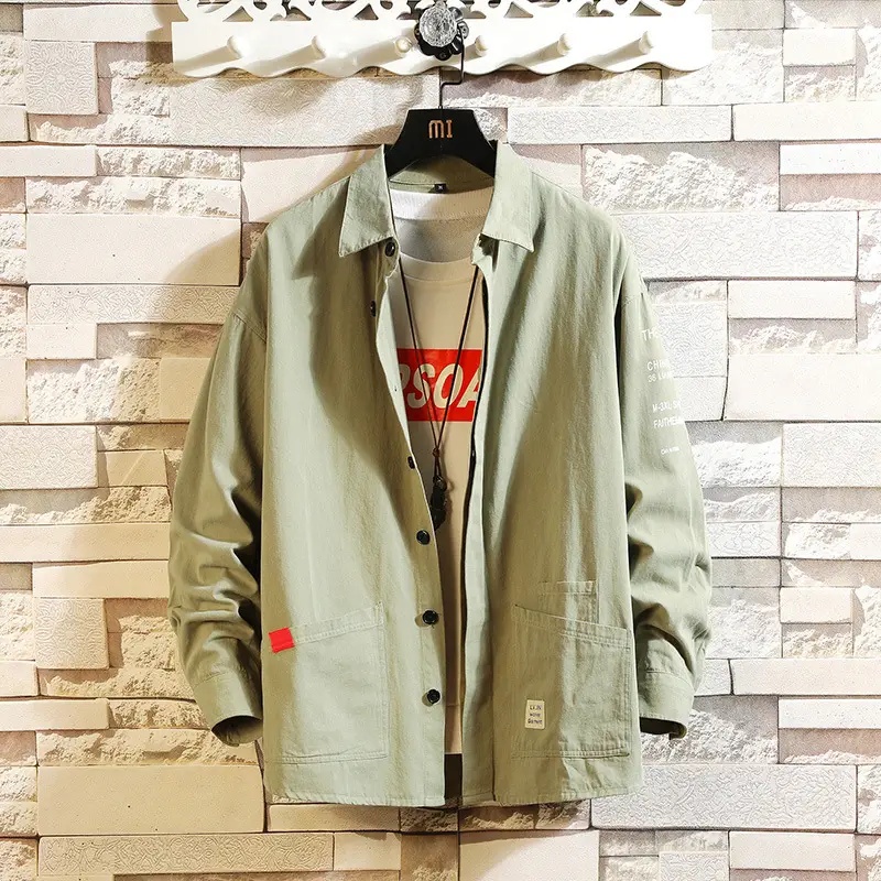 Men's Printed Long-sleeve Coat Olive Green Hong Kong Style - Image 7