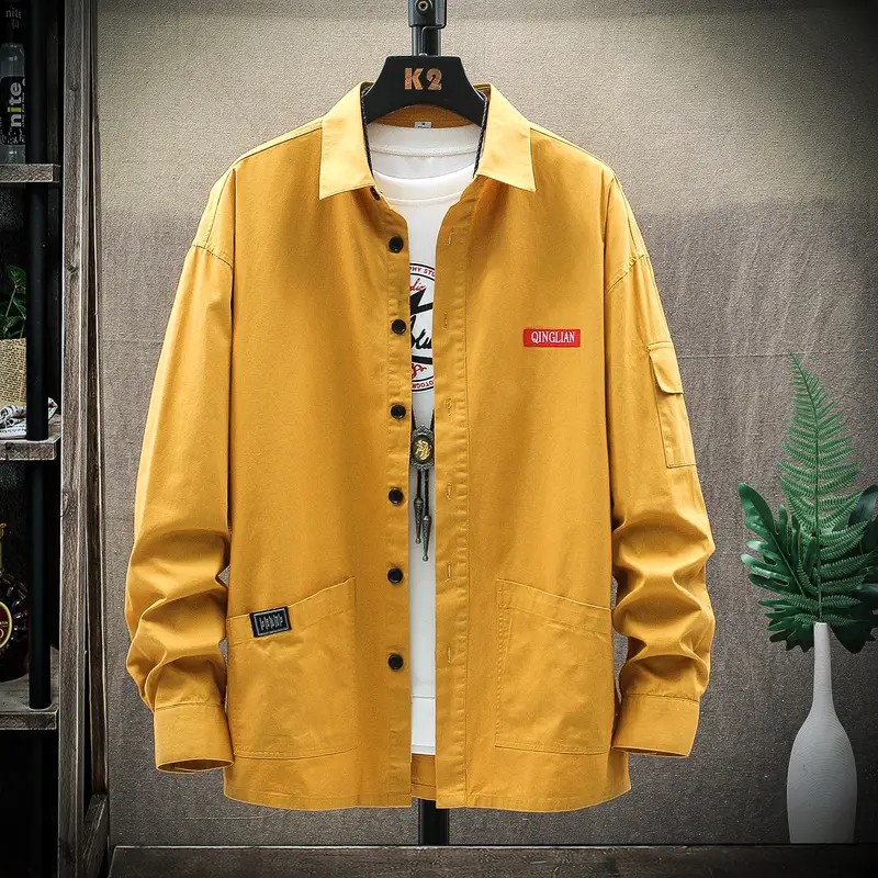 Men's Long Sleeve Korean Style Shirt Beige Loose Fit - Image 7