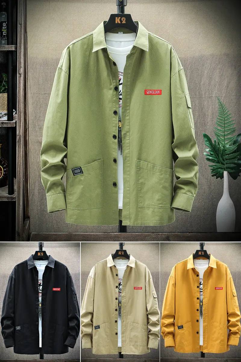Men's Long Sleeve Korean Style Shirt Beige Loose Fit - Image 11