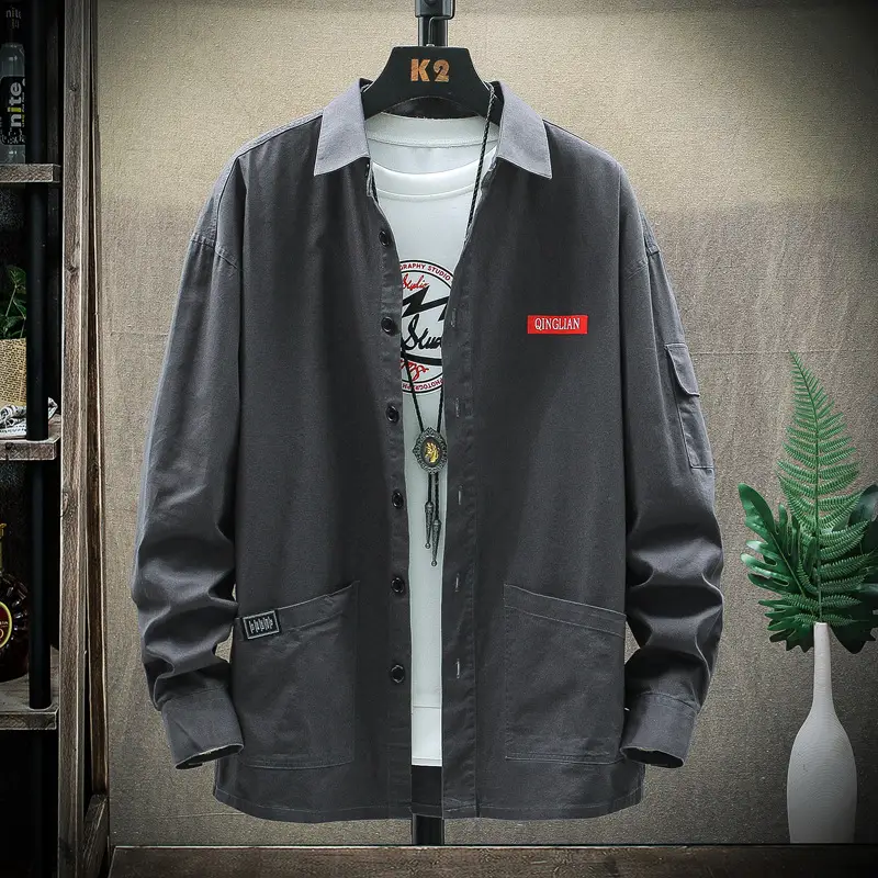 Men's Long Sleeve Korean Style Shirt Beige Loose Fit - Image 2