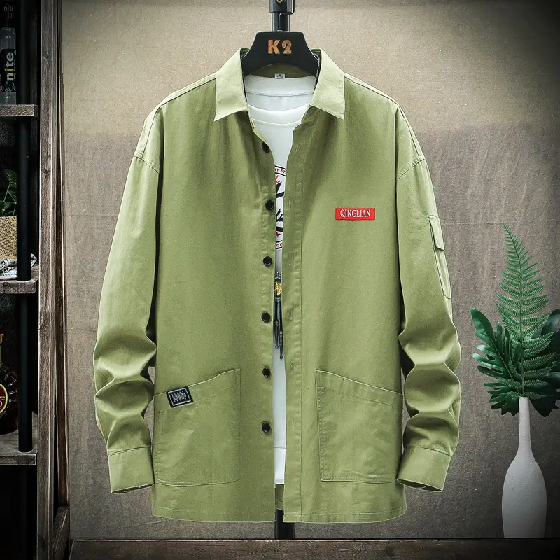 Men's Long Sleeve Korean Style Shirt Beige Loose Fit - Image 3