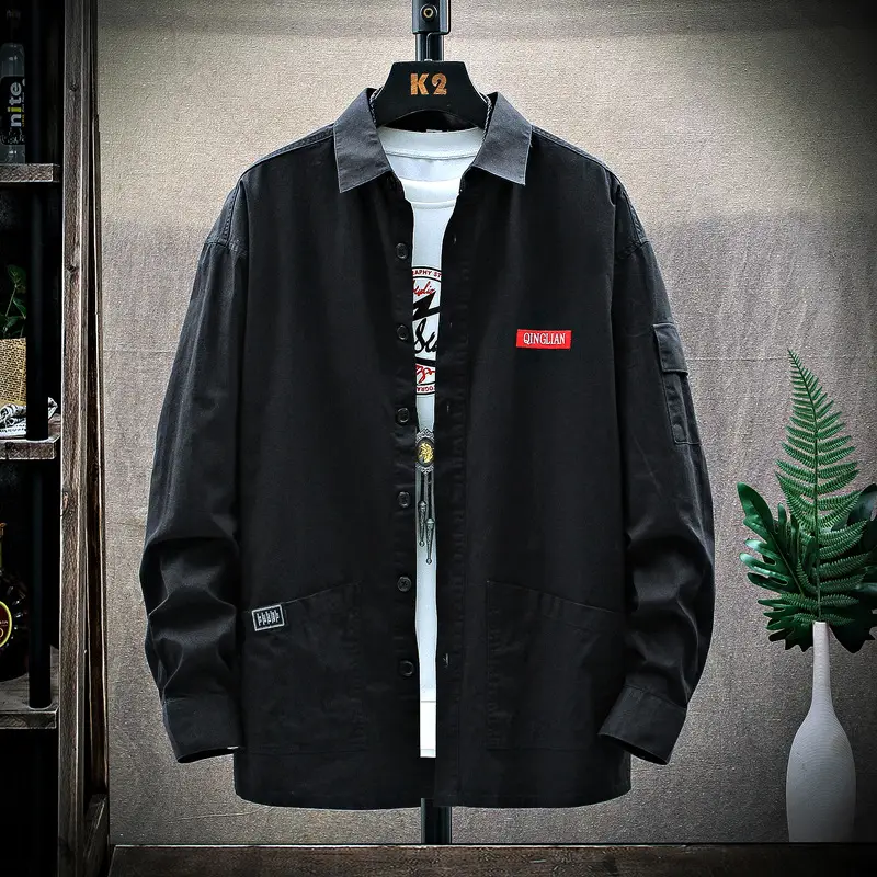Men's Long Sleeve Korean Style Shirt Beige Loose Fit - Image 4