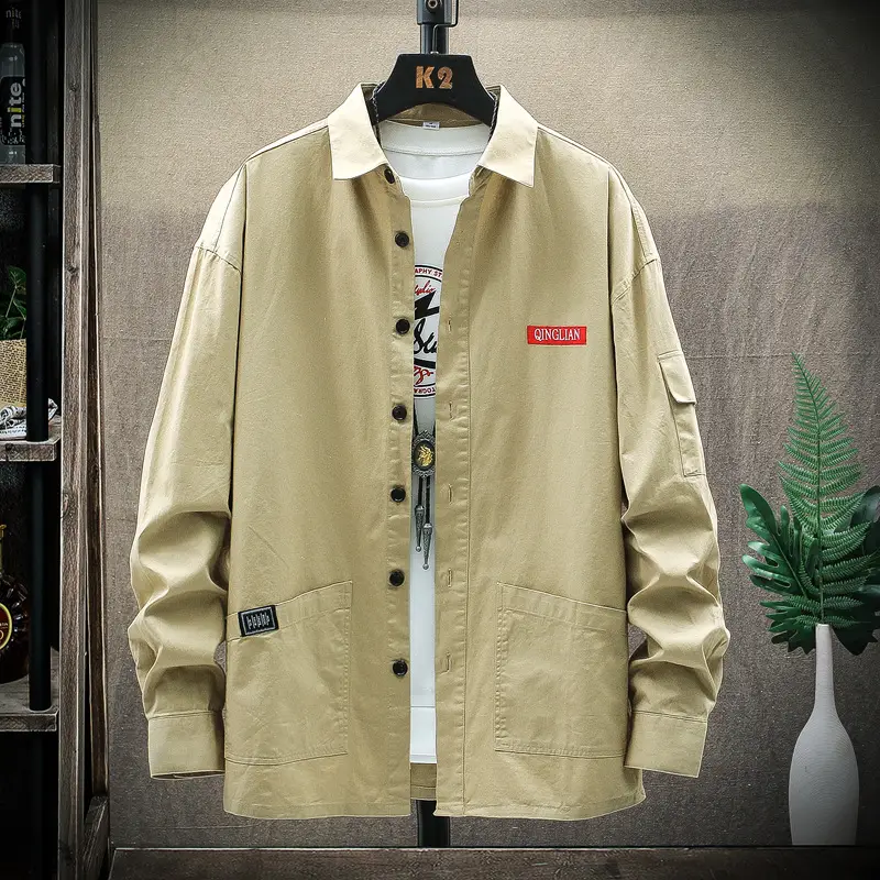 Men's Long Sleeve Korean Style Shirt Beige Loose Fit - Image 5