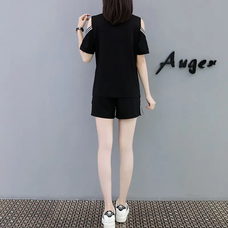Women Black Cold Shoulder Shorts Set Plus Size Summer - Image 6