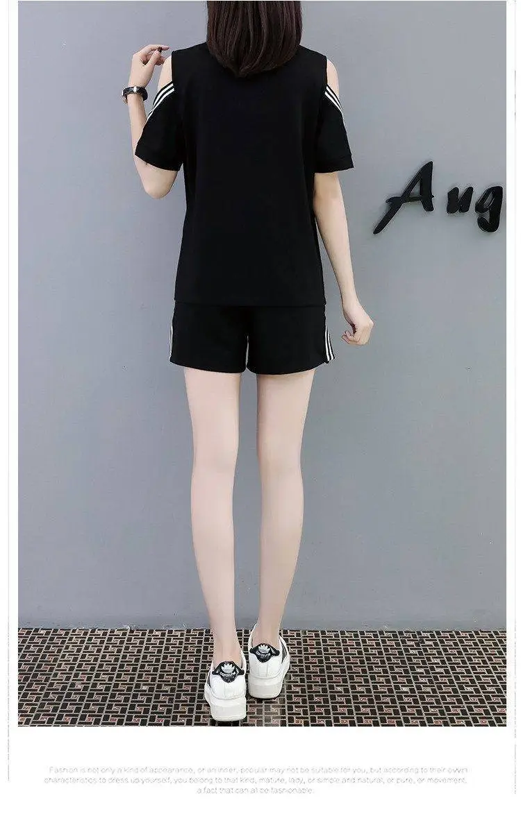 Women Black Cold Shoulder Shorts Set Plus Size Summer — feature 7