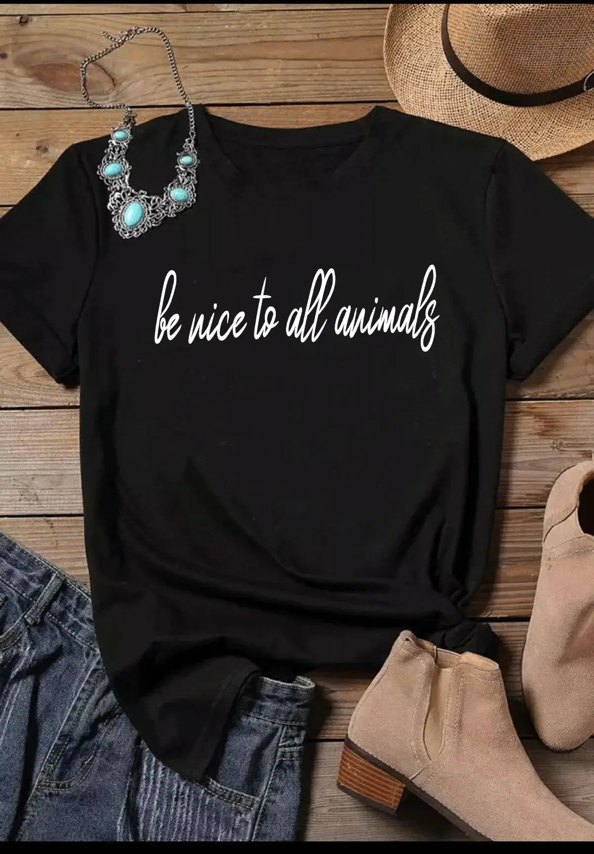 Black T-Shirt with "Be Nice to Animals" Print - Image 2