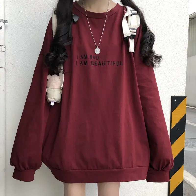 Women Loose Sweatshirt Maroon Long Sleeve 2025 - Image 3