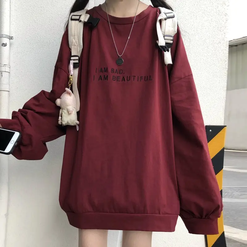 Women Loose Sweatshirt Maroon Long Sleeve 2025 - Image 4
