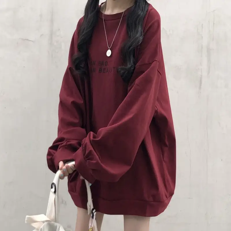 Women Loose Sweatshirt Maroon Long Sleeve 2025 - Image 5