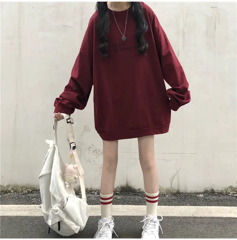 Women Loose Sweatshirt Maroon Long Sleeve 2025 — feature 4