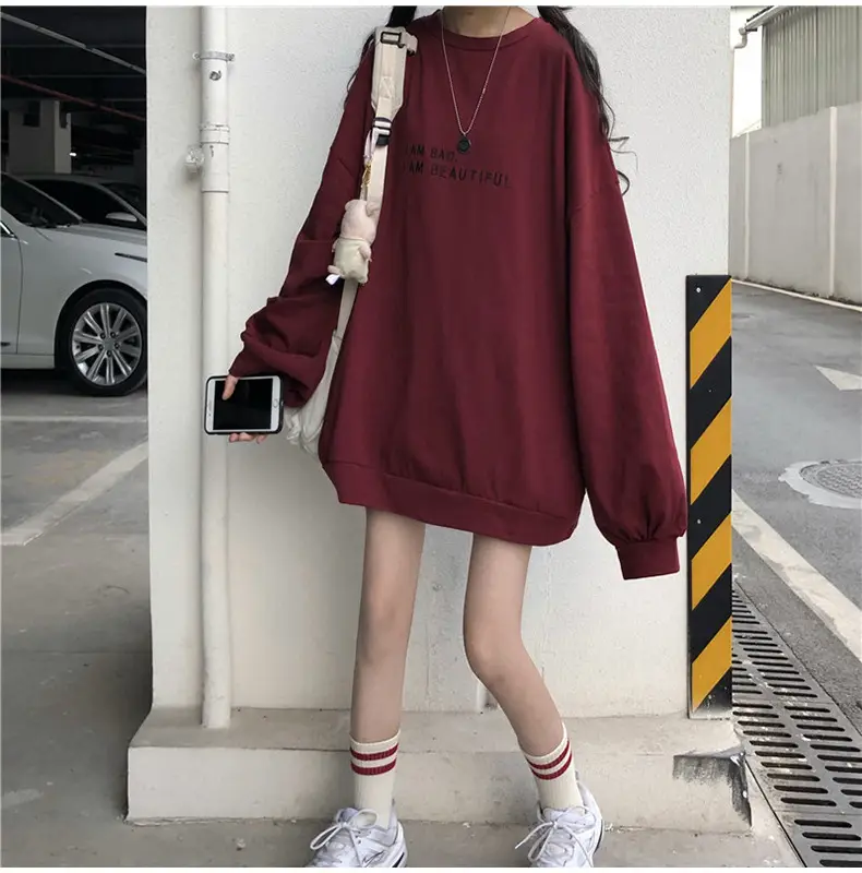 Women Loose Sweatshirt Maroon Long Sleeve 2025 — feature 7