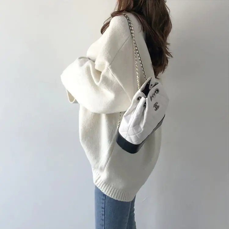White Korean Knit Pullover with Chain Bag