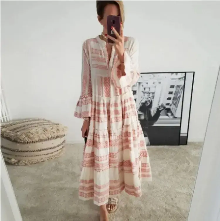 Women's Long Sleeve Geometric Striped Beach Dress - Image 3