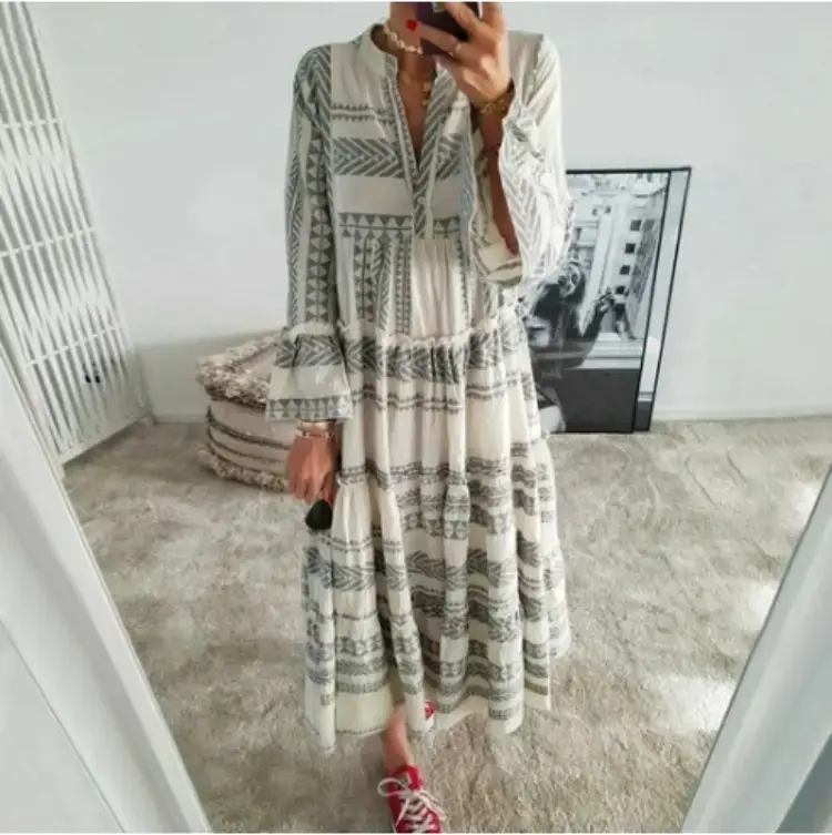 Women's Long Sleeve Geometric Striped Beach Dress - Image 4