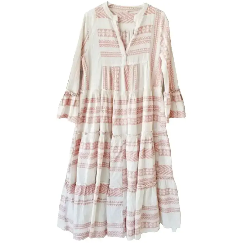 Women's Long Sleeve Geometric Striped Beach Dress - Image 7