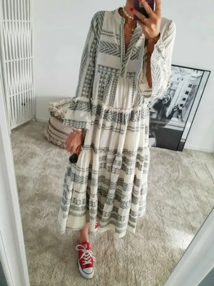 Women's Long Sleeve Geometric Striped Beach Dress - Image 2