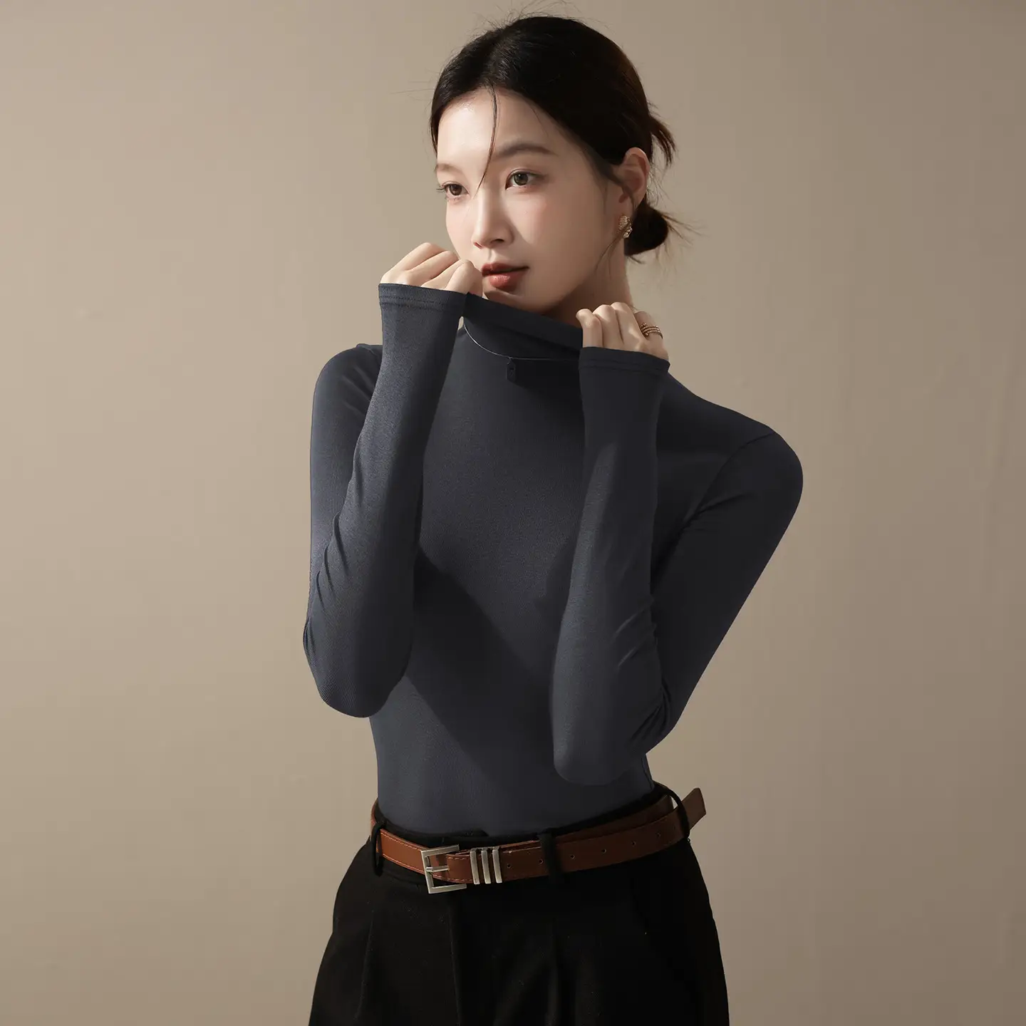 Women's Beige High-Turtleneck Blazer Set Spring Fall 2025 - Image 3