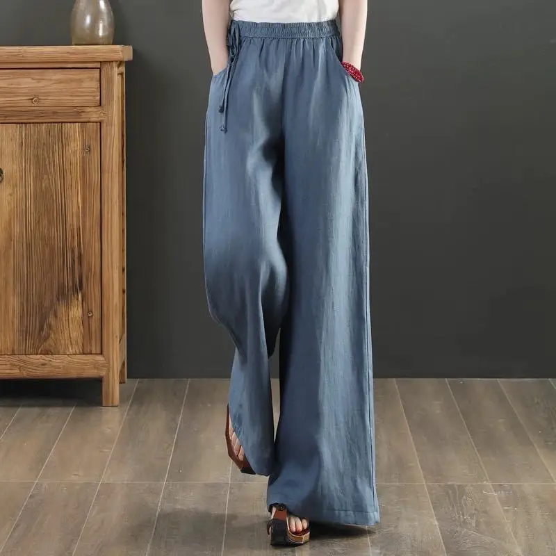 Women Cotton Linen Wide Leg Pants Black Large - Image 11