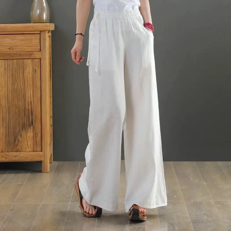 Women Cotton Linen Wide Leg Pants Black Large - Image 13