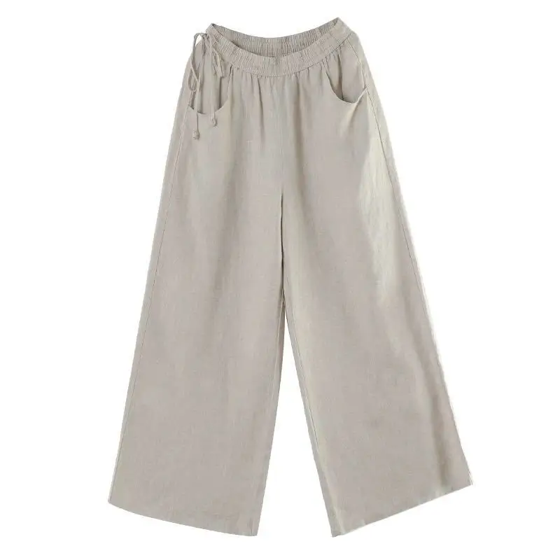 Women Cotton Linen Wide Leg Pants Black Large - Image 14