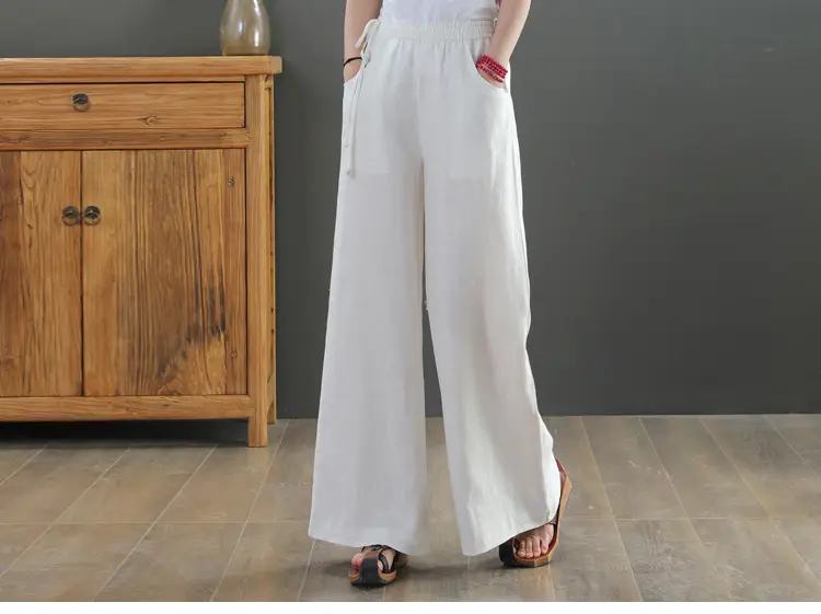 Women Cotton Linen Wide Leg Pants Black Large — feature 12