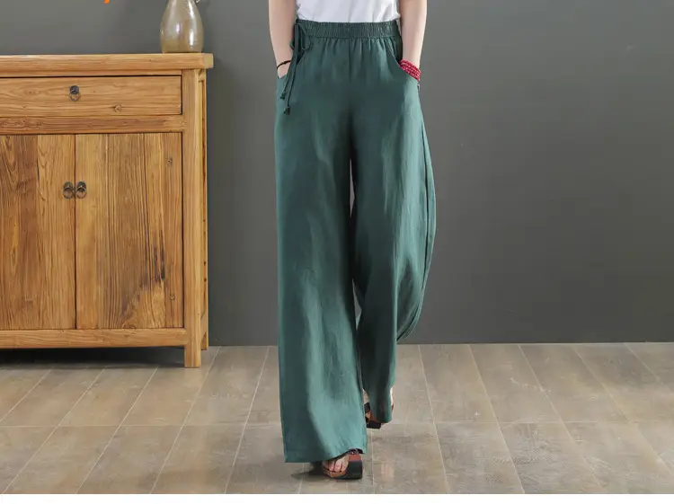 Women Cotton Linen Wide Leg Pants Black Large — feature 14