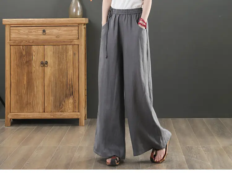Women Cotton Linen Wide Leg Pants Black Large — feature 20