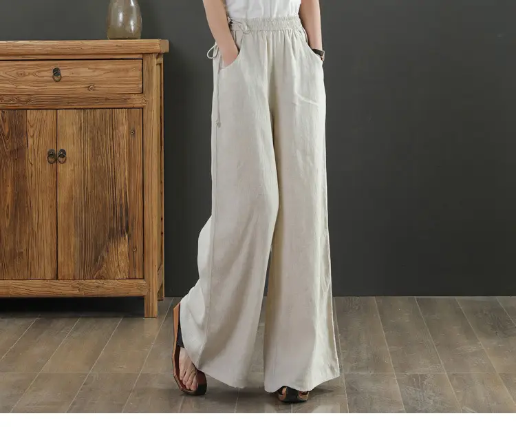 Women Cotton Linen Wide Leg Pants Black Large — feature 5