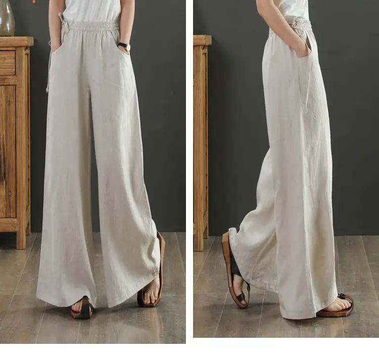 Women Cotton Linen Wide Leg Pants Black Large — feature 7