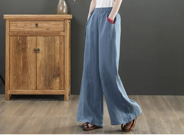 Women Cotton Linen Wide Leg Pants Black Large — feature 9
