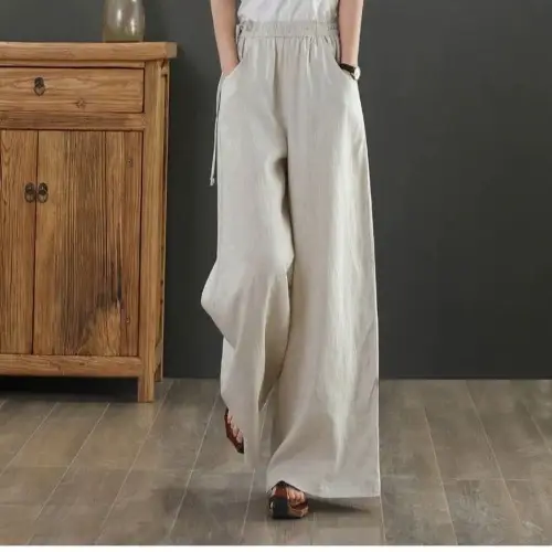 Women Cotton Linen Wide Leg Pants Black Large - Image 3