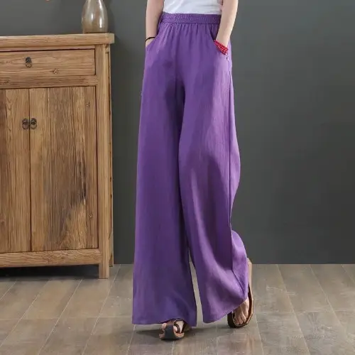 Women Cotton Linen Wide Leg Pants Black Large - Image 4
