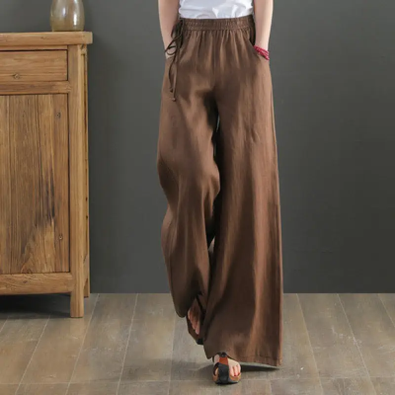 Women Cotton Linen Wide Leg Pants Black Large - Image 8