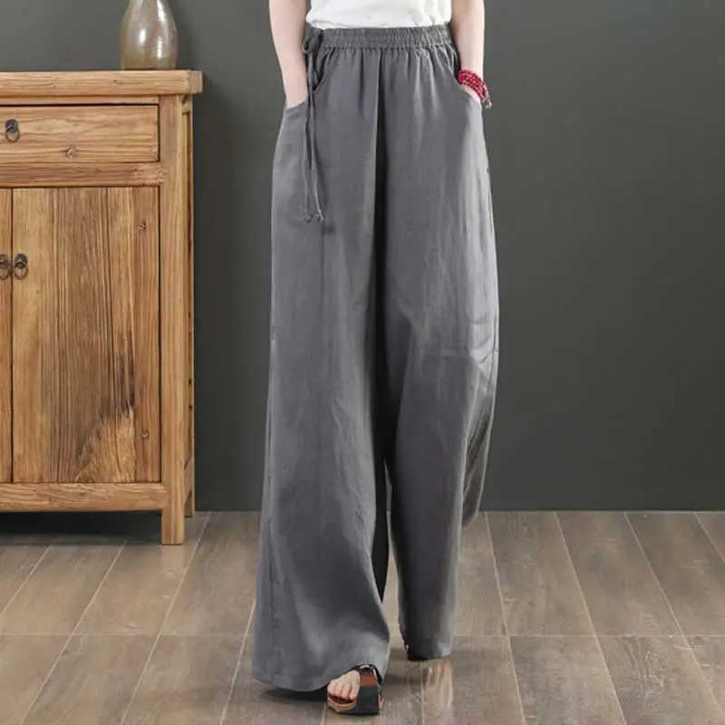 Women Cotton Linen Wide Leg Pants Black Large - Image 9