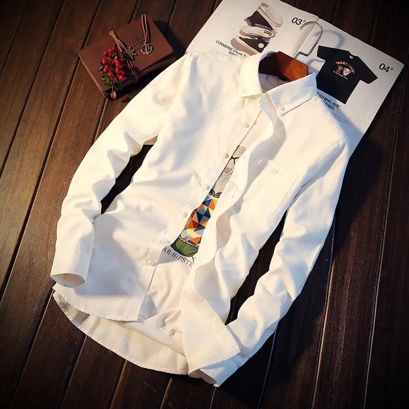Men's White Slim Fit Long Sleeve Korean Style Shirt - Image 10