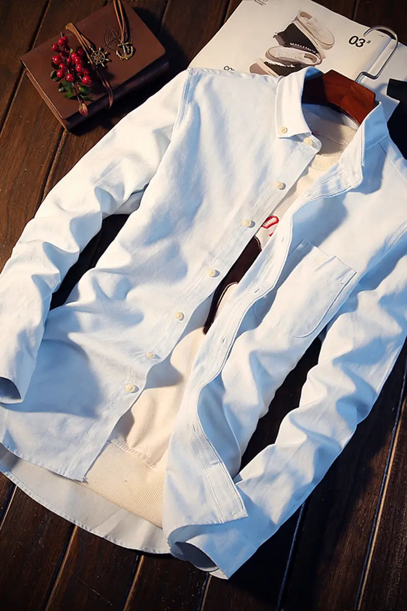 Men's White Slim Fit Long Sleeve Korean Style Shirt - Image 14