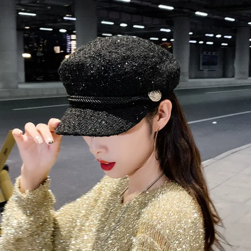 Women Korean Style Black Sparkle Peaked Hat - Image 4