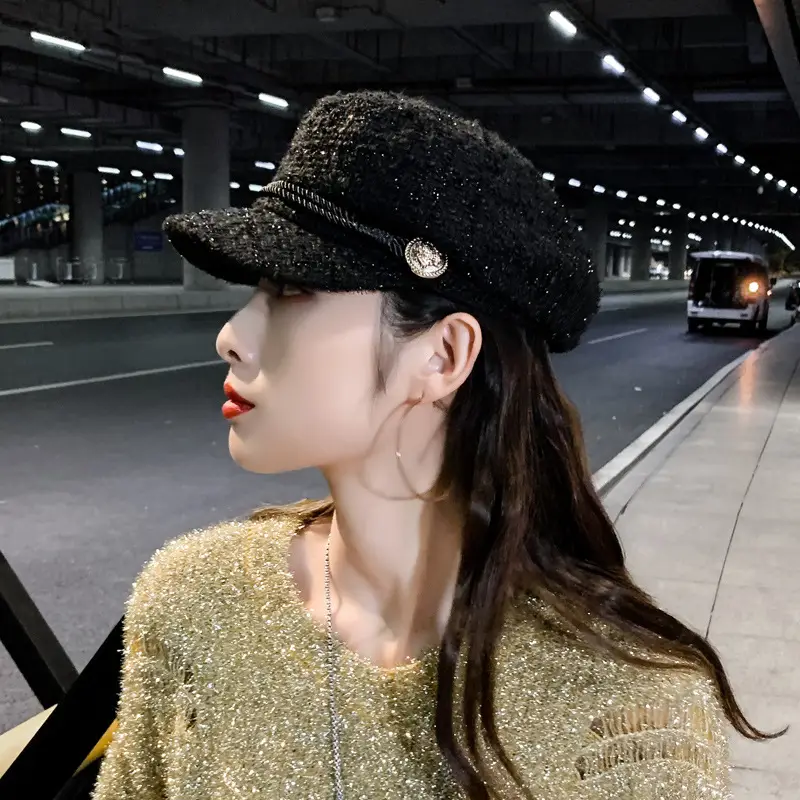 Women Korean Style Black Sparkle Peaked Hat - Image 5