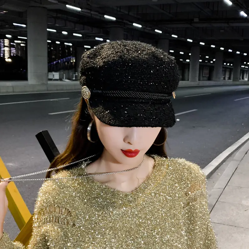 Women Korean Style Black Sparkle Peaked Hat - Image 6