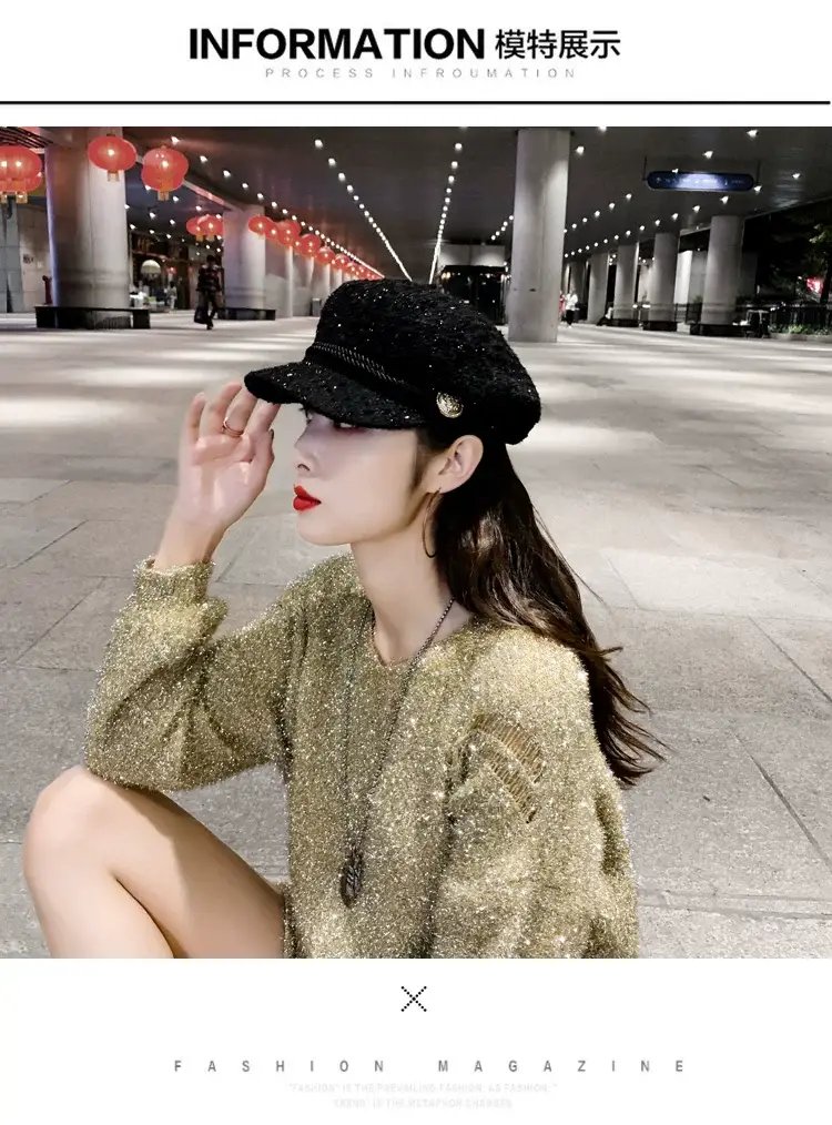 Women Korean Style Black Sparkle Peaked Hat — feature 3
