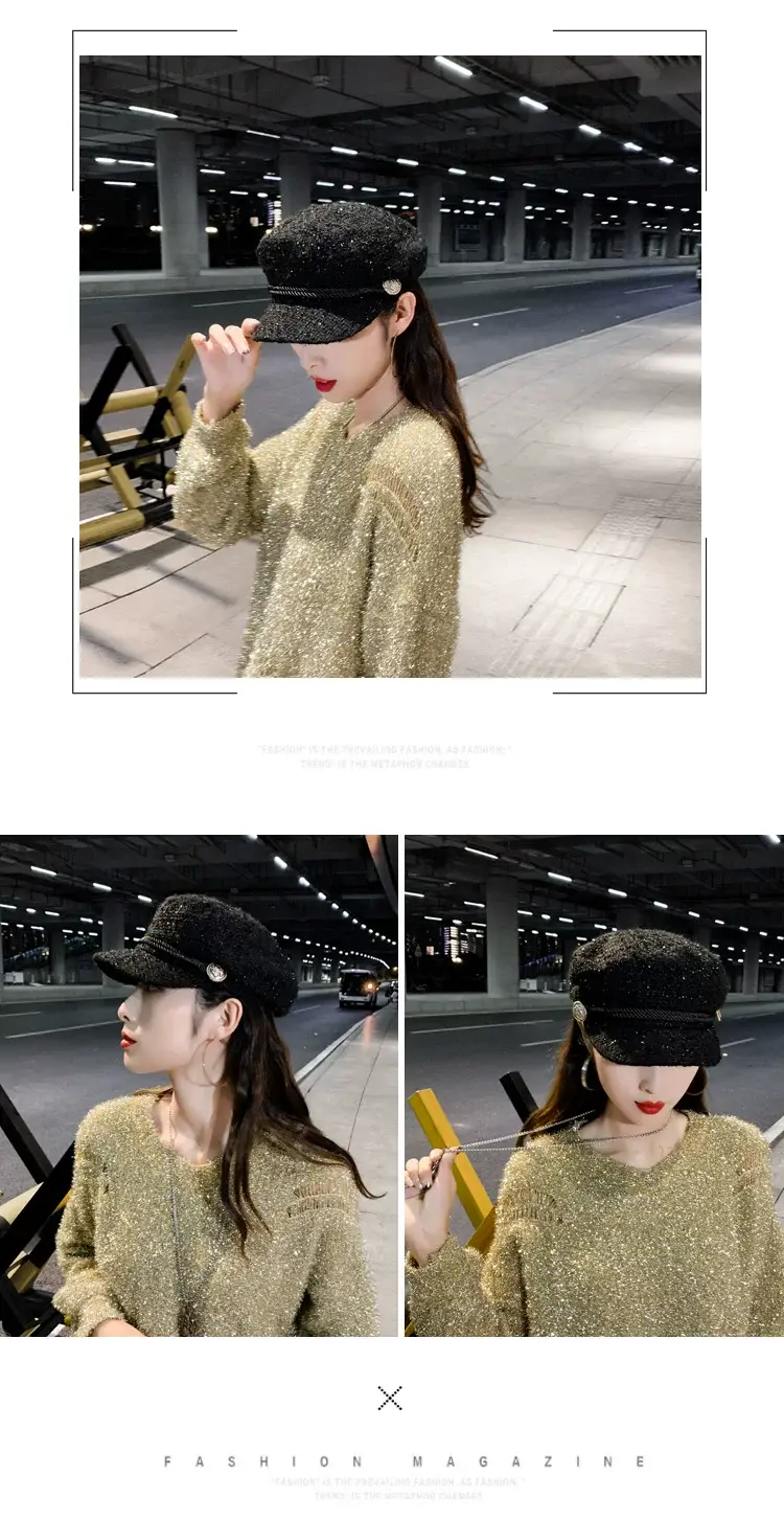 Women Korean Style Black Sparkle Peaked Hat — feature 4