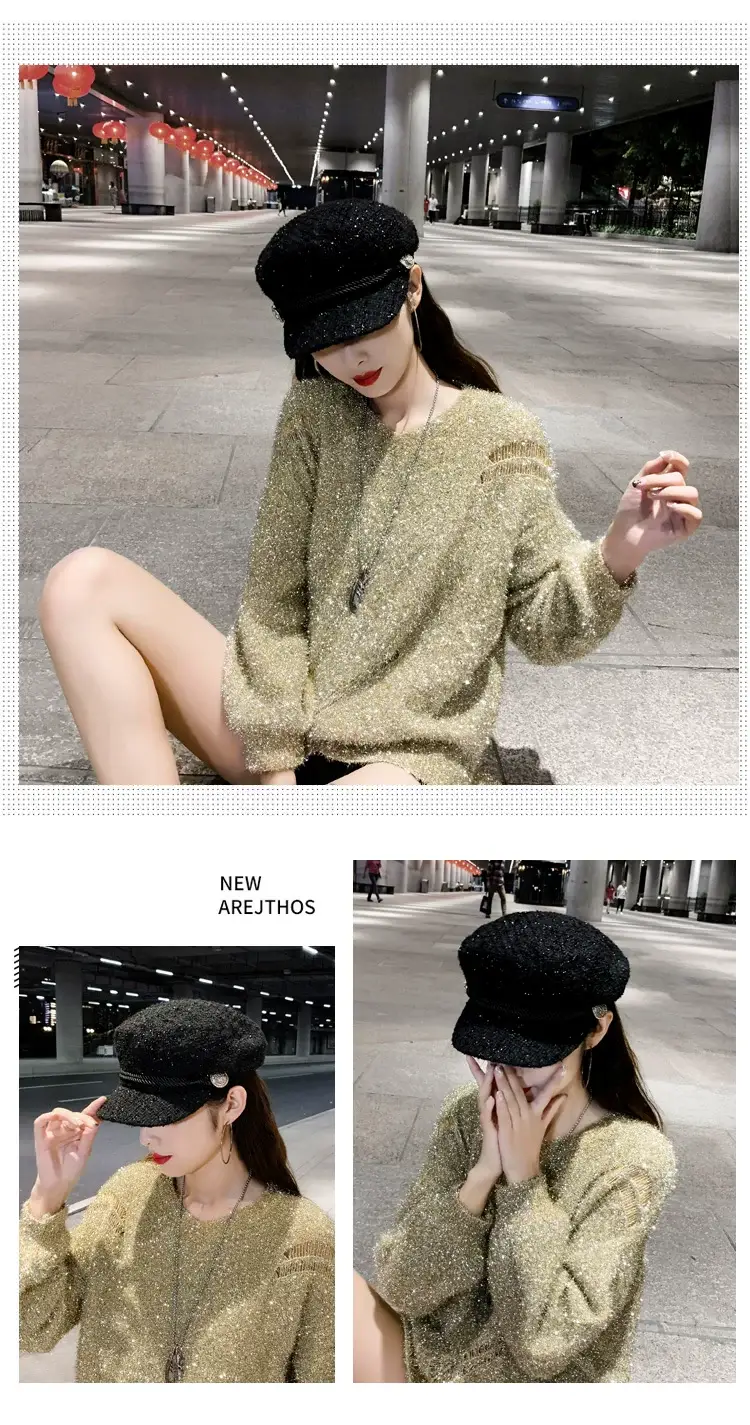 Women Korean Style Black Sparkle Peaked Hat — feature 5