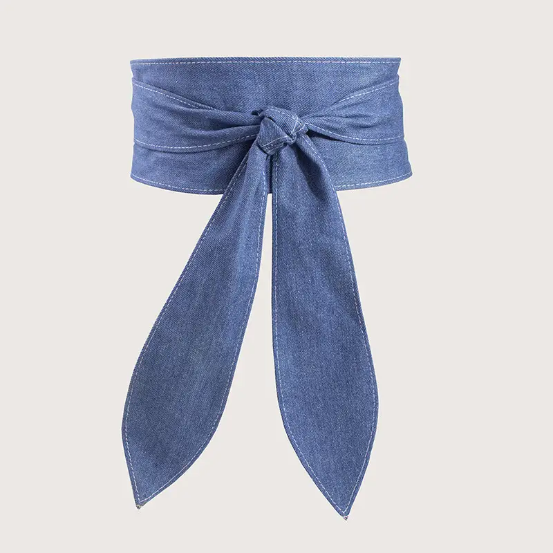 Blue Wide Waist Cover with Bow Ribbon Tie Belt