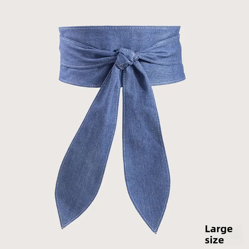 Blue Wide Waist Cover with Bow Ribbon Tie Belt