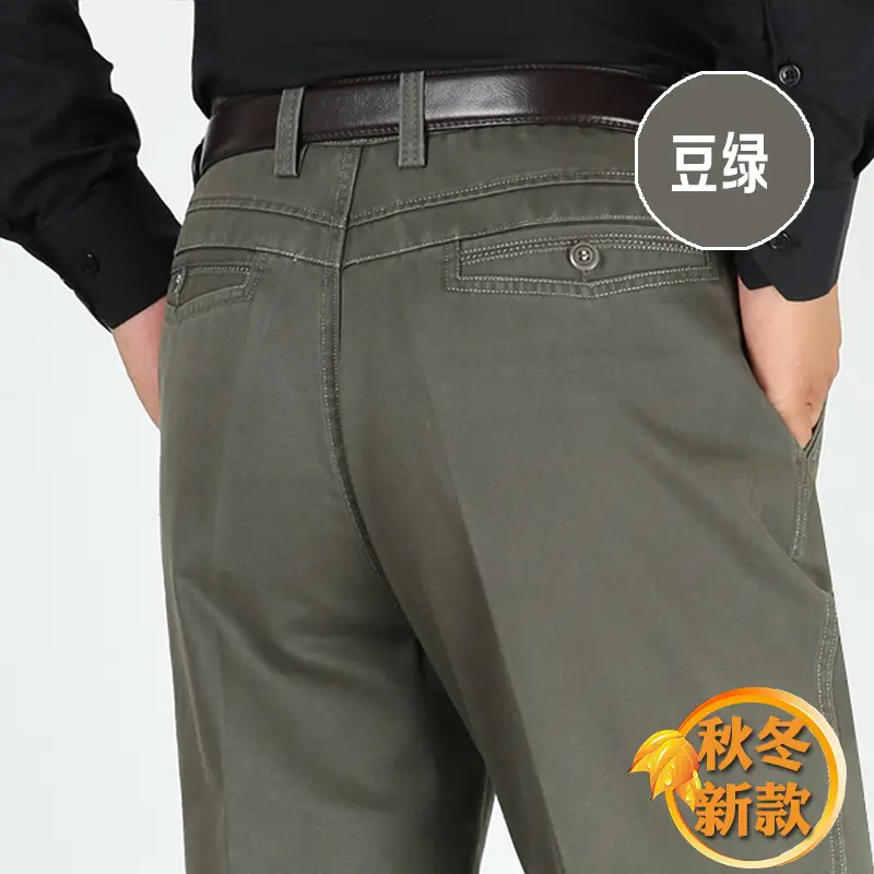 Men Thick Cotton Pants Autumn Winter Olive Green - Image 3
