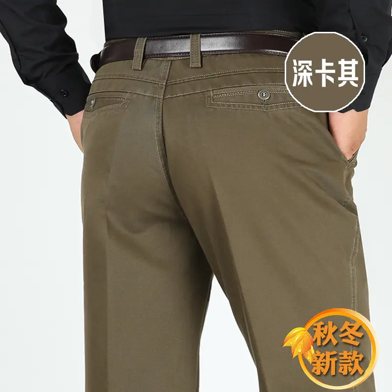 Men Thick Cotton Pants Autumn Winter Olive Green - Image 6