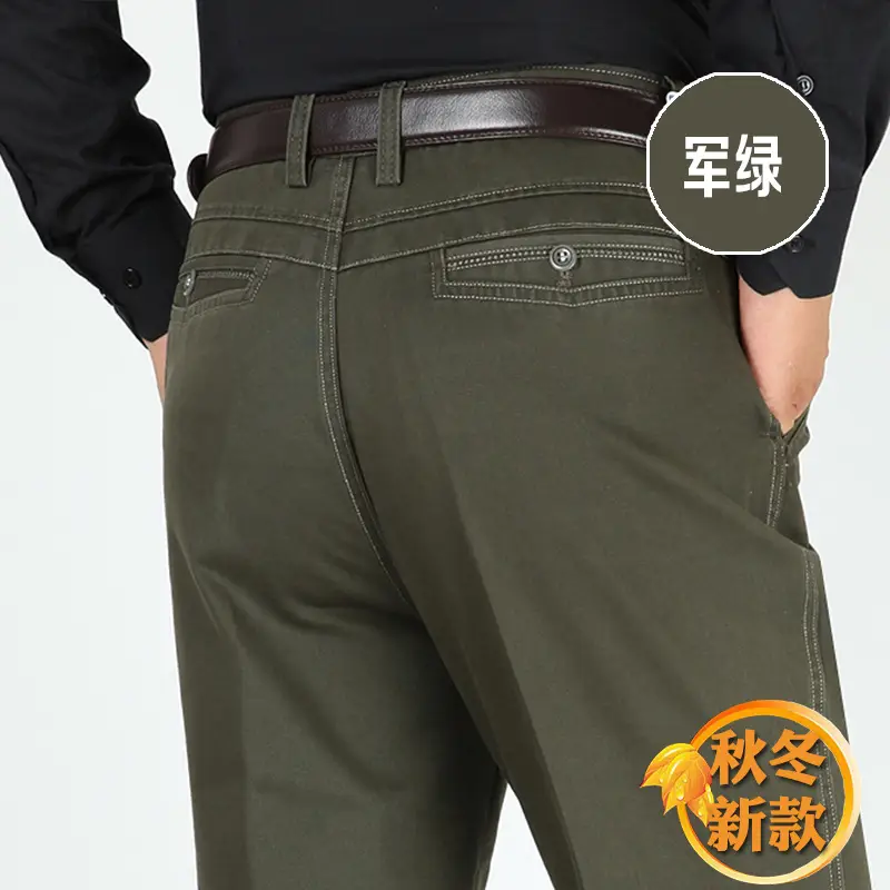 Men Thick Cotton Pants Autumn Winter Olive Green - Image 7