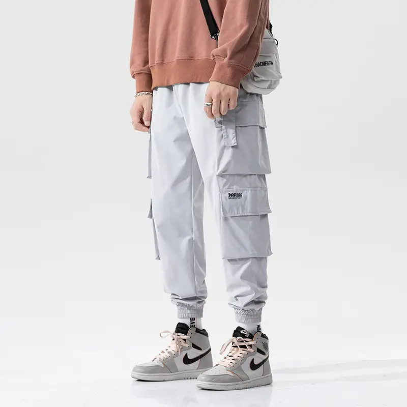 Men's Black Embroidered Cargo Pants with Multi-Pockets