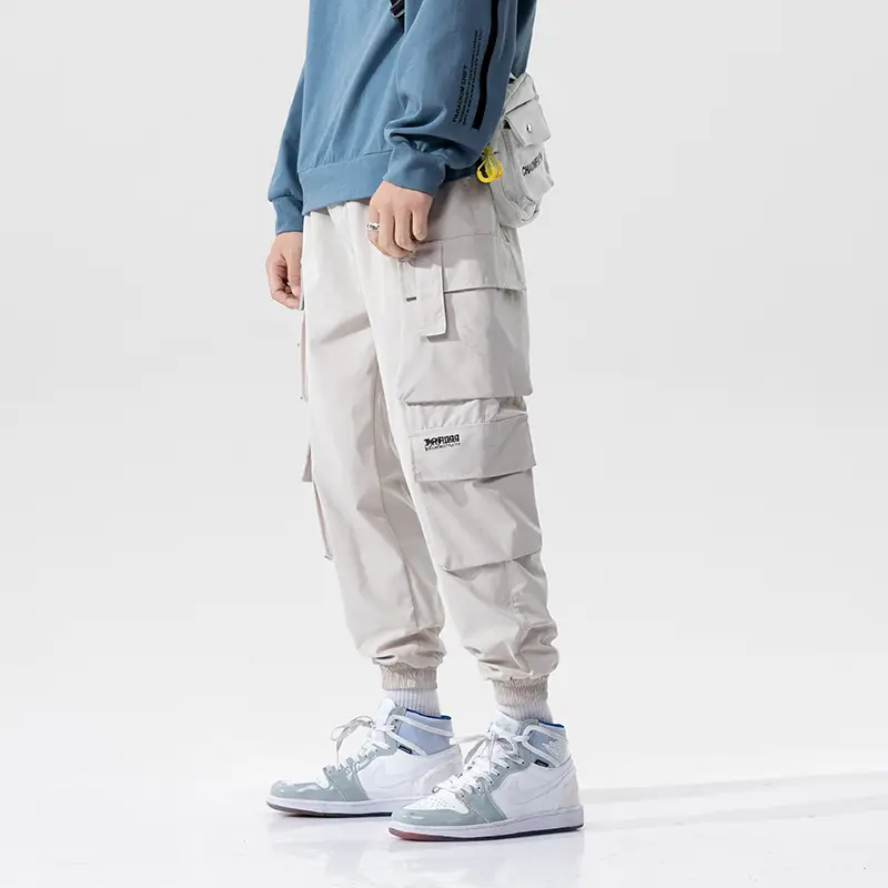 Men's Black Embroidered Cargo Pants with Multi-Pockets